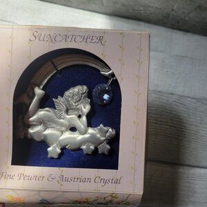 Fine Pewter & Austrian Crystal Angel Suncatcher With Stars & Rainbow Design